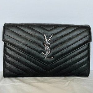 YSL Saint Laurent MONOGRAM CHAIN WALLET | BLACK GRAIN DE POUDRE EMBOSSED LEATHER